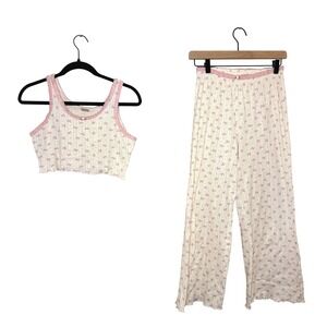Women's Messy Bun Just Chillin Pajama Set Ribbed Cream Pink Bows Lace Size S